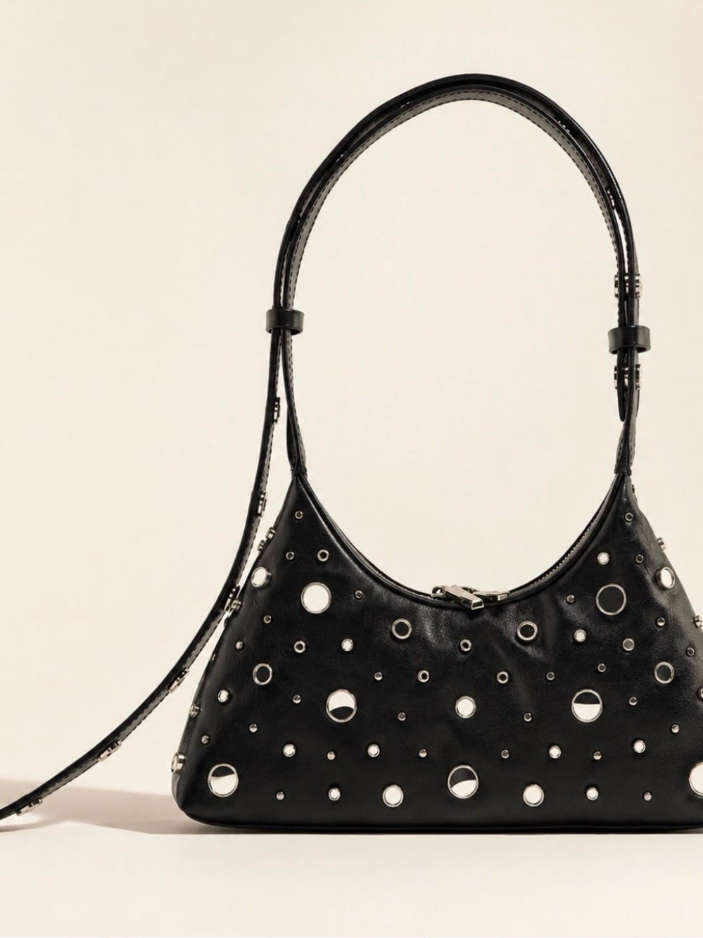 Zara Mirrored Rocker Black Studded Shoulder Bag
